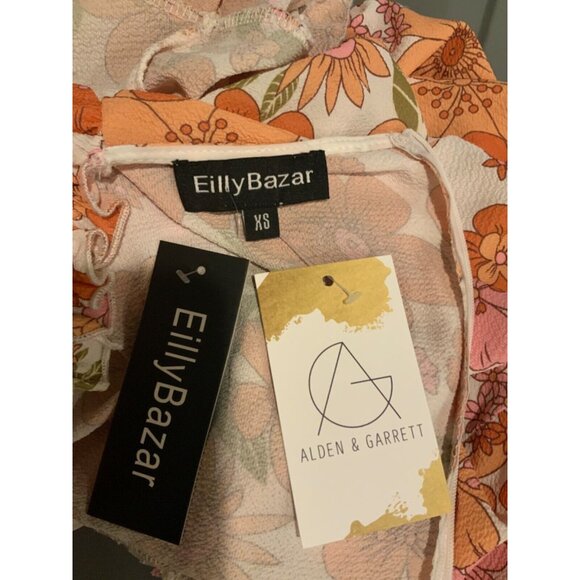 Eilly Bazar White Pink Orange Floral Crepe Puff Sleeve Mini Dress, Size XS, NWT! - Picture 7 of 7